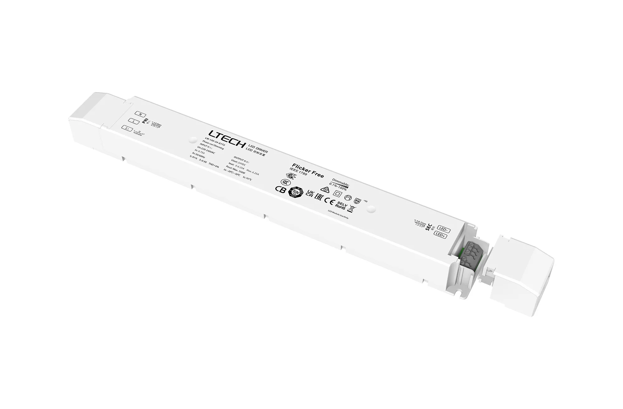 Leading edge (Triac), Trailing edge (ELV) Phase-cut and Push DIM/CCT, 0-100% Dim, Constant Voltage 150W, 24Vdc 6.25A, 200-240Vac, IP20, 5yrs Warranty. LM-150-24-G1T2  LTECH Constant Voltage